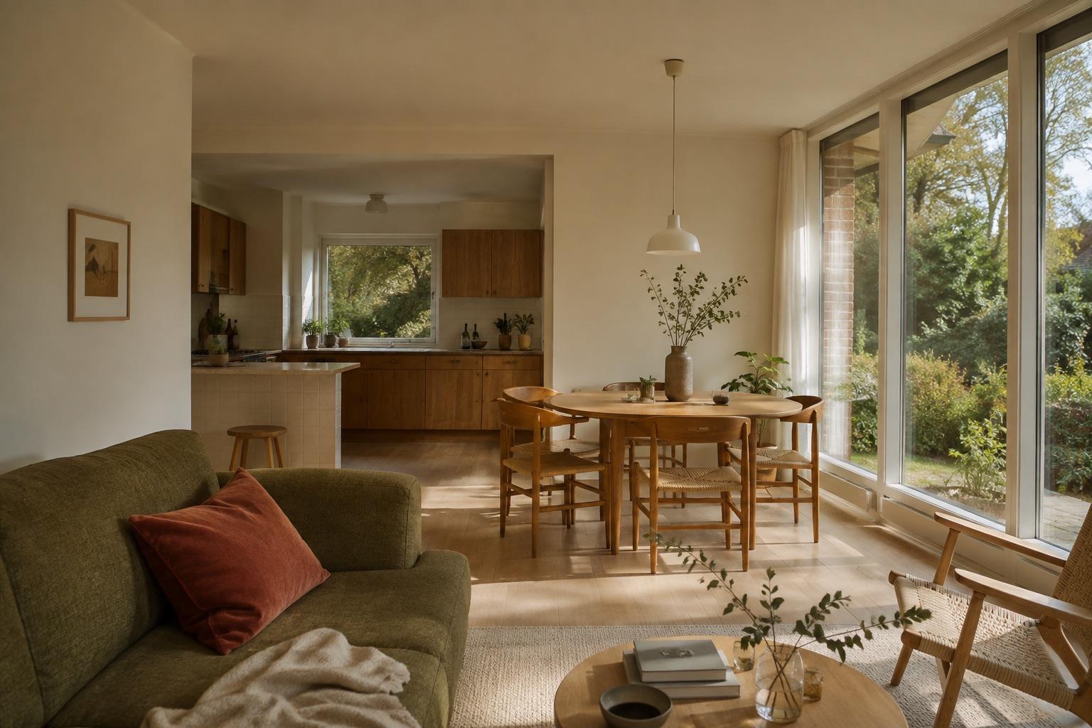 Inspiration til en lys stue med grøn sofa, egetræskøkken og udsigt til haven